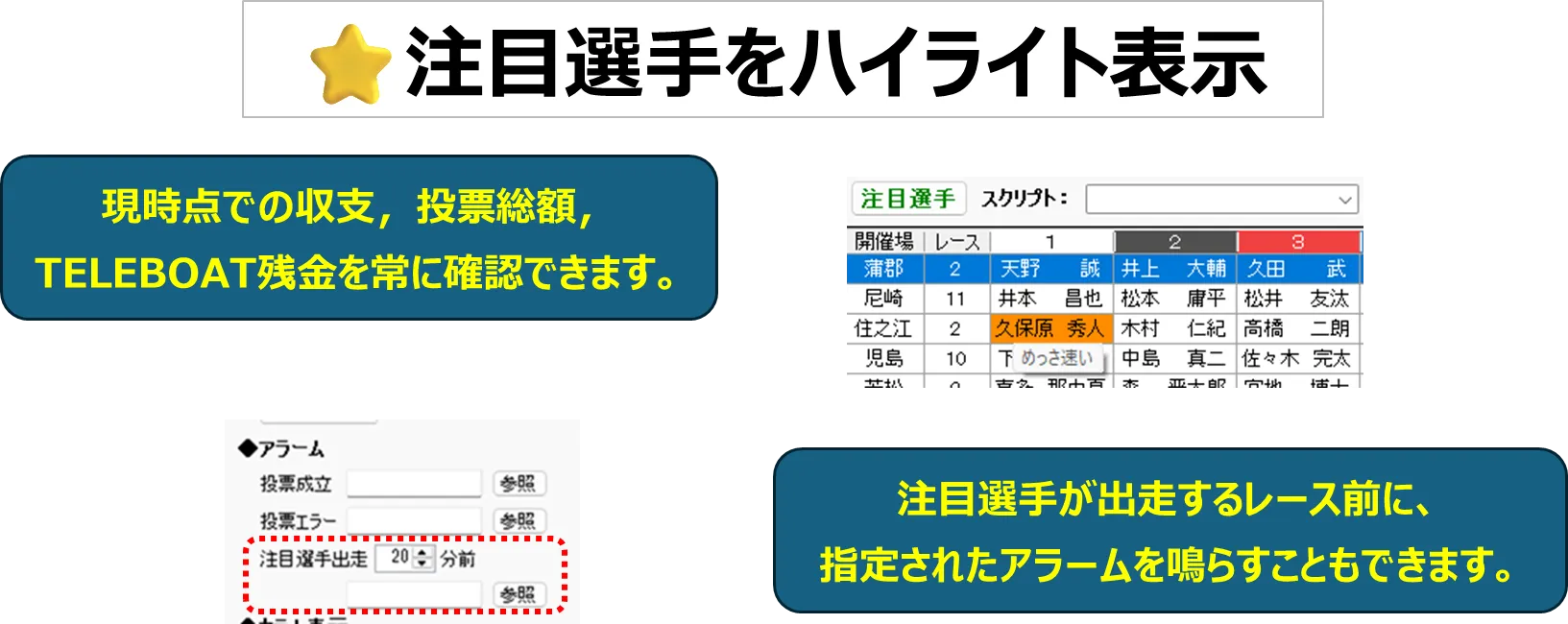 注目選手をハイライト表示